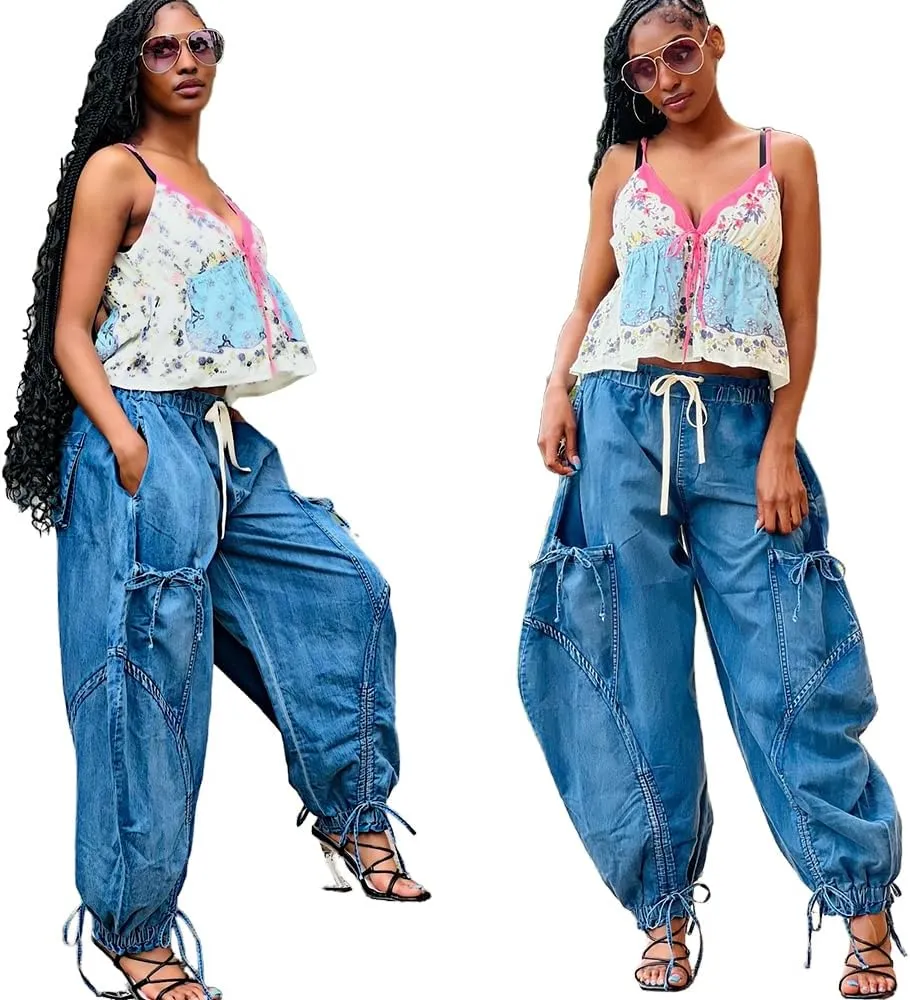 Molilove Womens Stretchy Denim Pants Baggy High Waist Drawstring Trousers Y2K Cargo Pants with Pocket Trendy Harem Pants