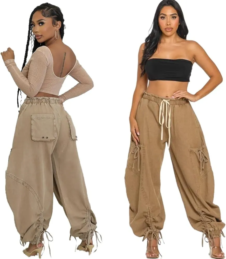 Molilove Womens Stretchy Denim Pants Baggy High Waist Drawstring Trousers Y2K Cargo Pants with Pocket Trendy Harem Pants