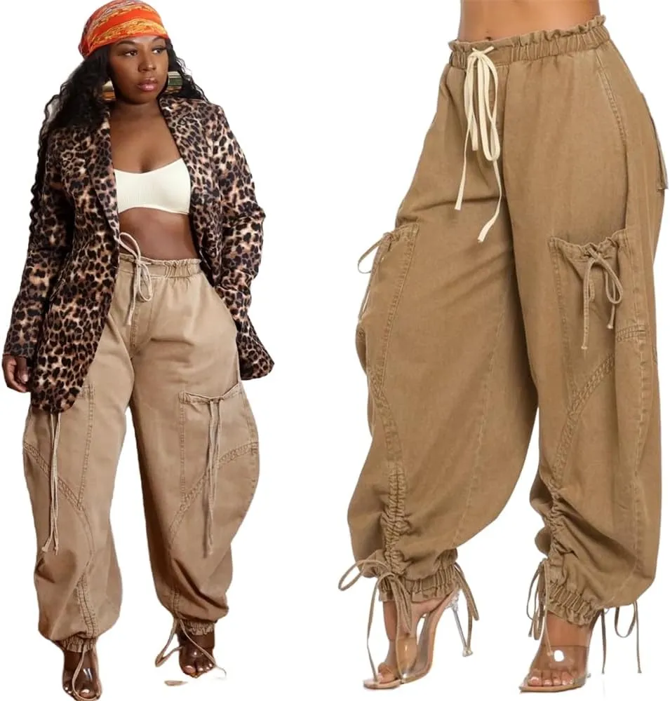 Molilove Womens Stretchy Denim Pants Baggy High Waist Drawstring Trousers Y2K Cargo Pants with Pocket Trendy Harem Pants