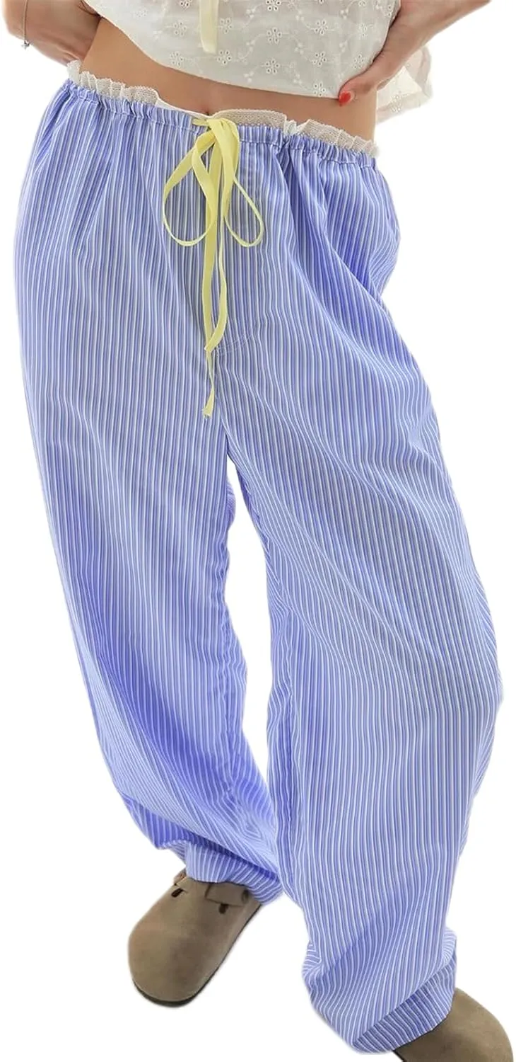 Muineobuka Women Y2k Striped Pajama Pants Wide Leg Stripes Plaid Lounge Pants High Waist Striped Pj Pants Trousers
