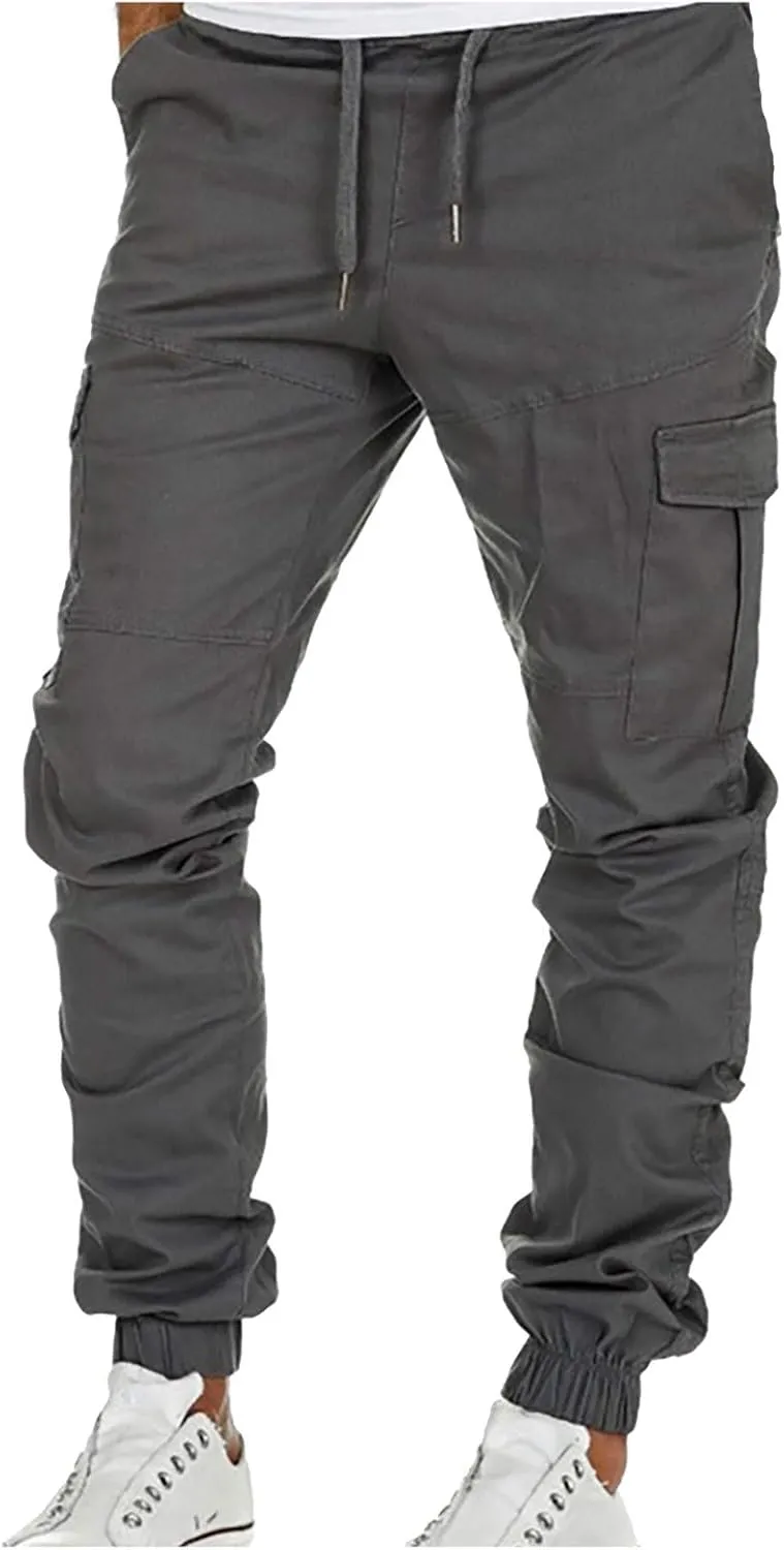 Muscularfit Hiking Pants for Men 2203 Drawstring Elastic Waist Slacks Tapered Multi Pockets Cargo Pants Casual Solid Trousers