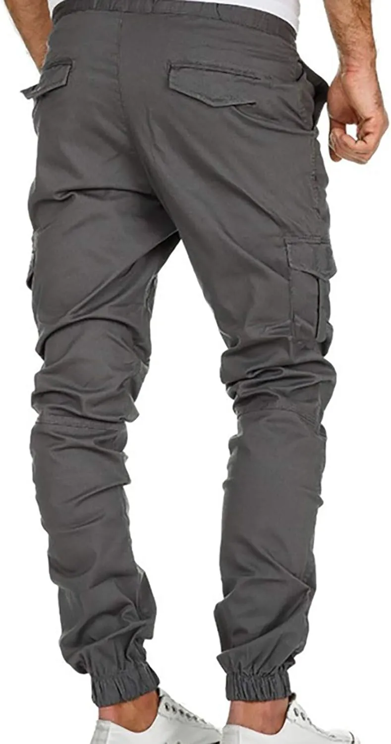 Muscularfit Hiking Pants for Men 2203 Drawstring Elastic Waist Slacks Tapered Multi Pockets Cargo Pants Casual Solid Trousers