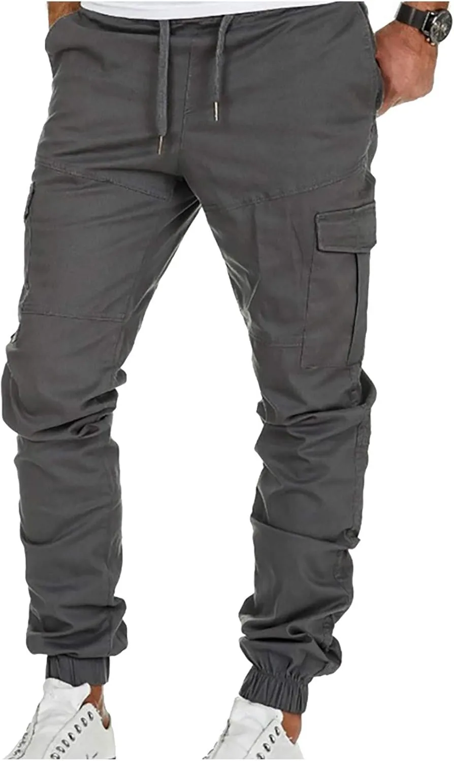 Muscularfit Hiking Pants for Men 2203 Drawstring Elastic Waist Slacks Tapered Multi Pockets Cargo Pants Casual Solid Trousers