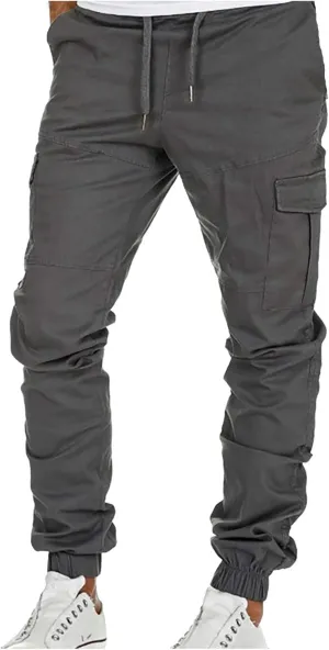 Muscularfit Hiking Pants for Men 2203 Drawstring Elastic Waist Slacks Tapered Multi Pockets Cargo Pants Casual Solid Trousers