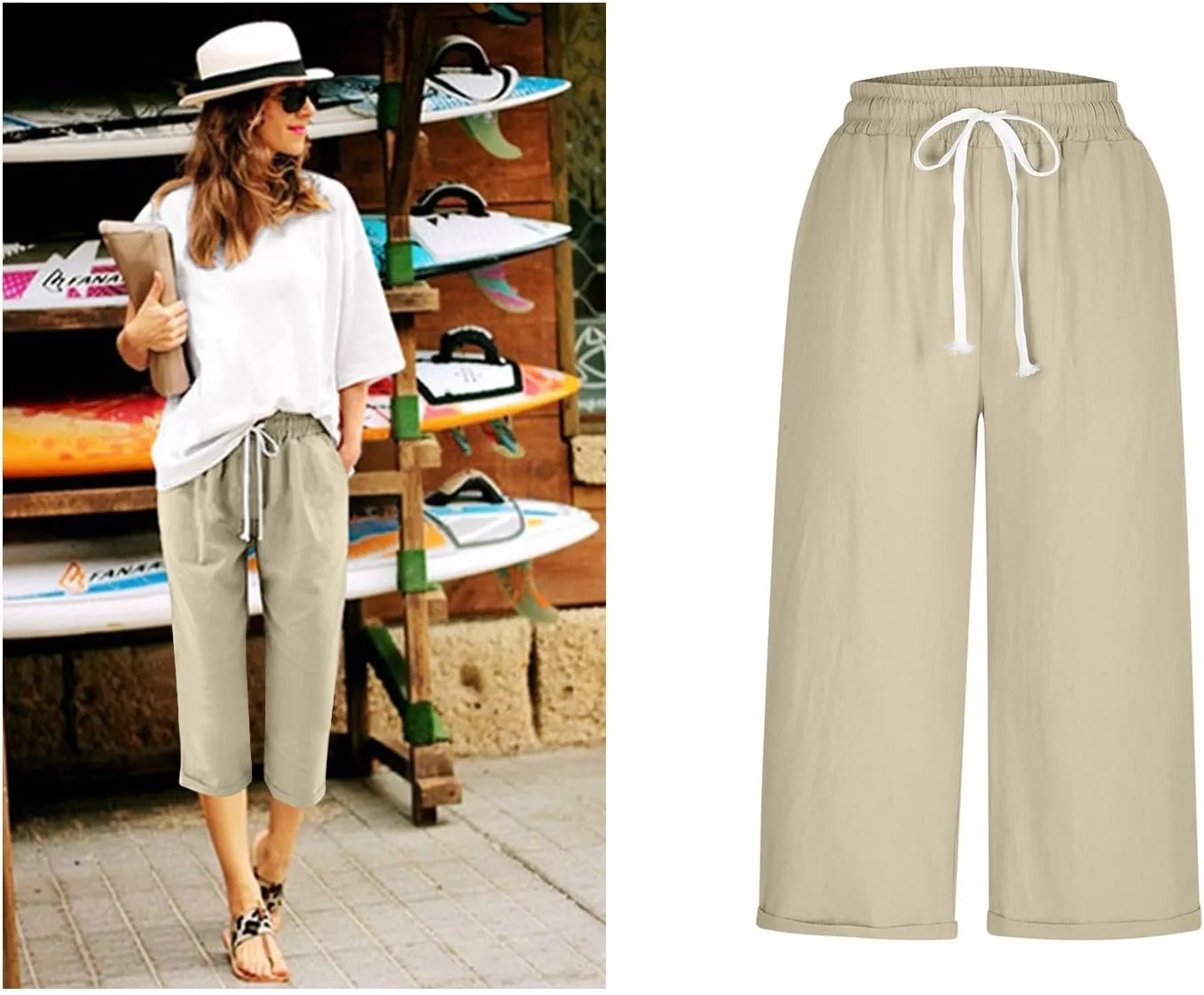 Mzkdieey Cotton Linen Capris Pants for Women Summer Casual Straight Wide Leg Drawstring Elastic Waist Cropped Beach Trousers