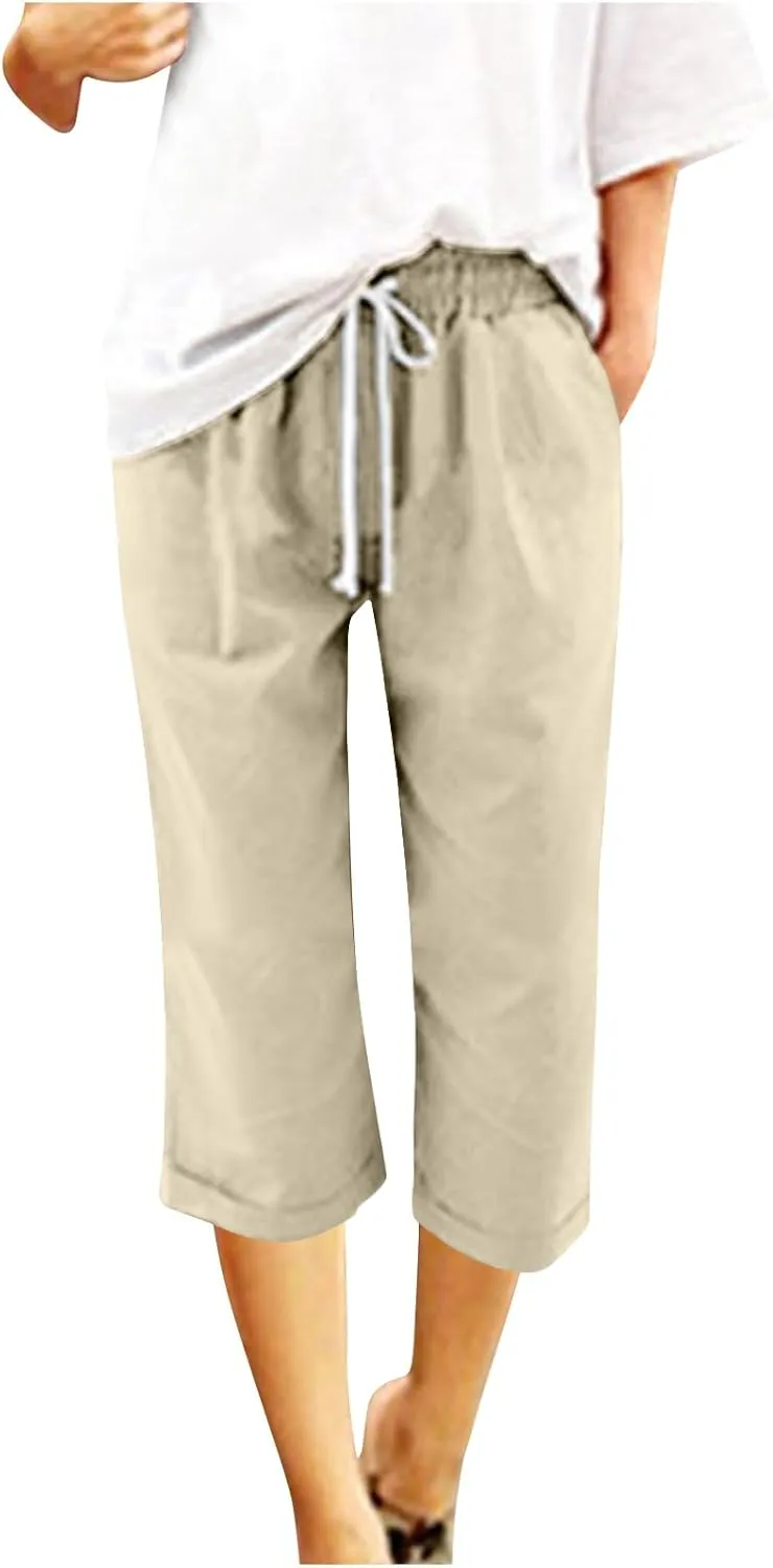 Mzkdieey Cotton Linen Capris Pants for Women Summer Casual Straight Wide Leg Drawstring Elastic Waist Cropped Beach Trousers