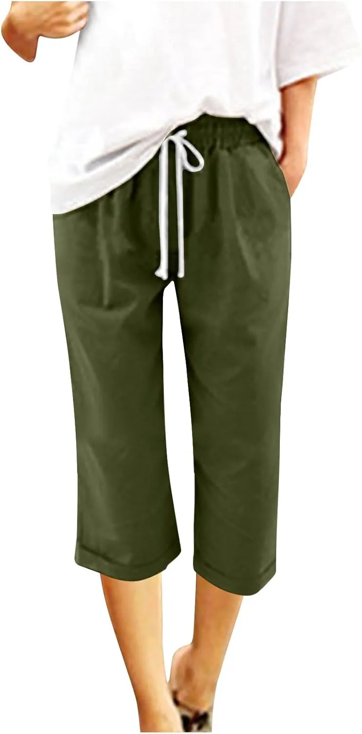Mzkdieey Cotton Linen Capris Pants for Women Summer Casual Straight Wide Leg Drawstring Elastic Waist Cropped Beach Trousers
