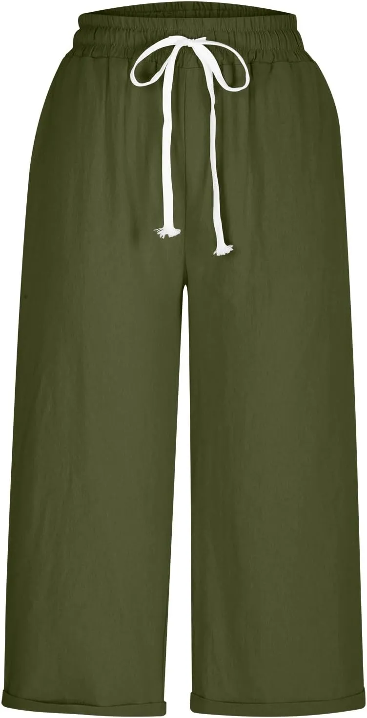 Mzkdieey Cotton Linen Capris Pants for Women Summer Casual Straight Wide Leg Drawstring Elastic Waist Cropped Beach Trousers