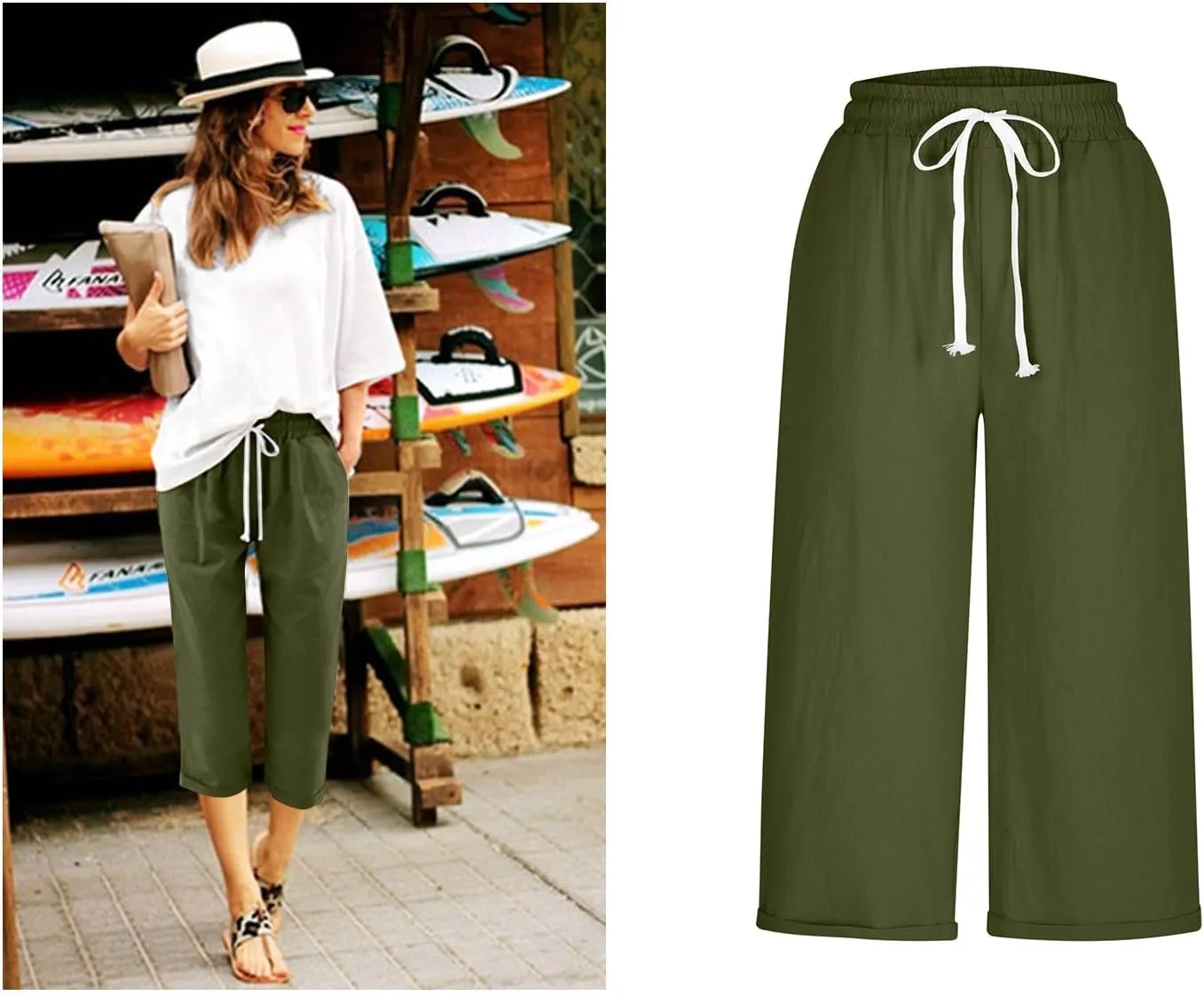 Mzkdieey Cotton Linen Capris Pants for Women Summer Casual Straight Wide Leg Drawstring Elastic Waist Cropped Beach Trousers