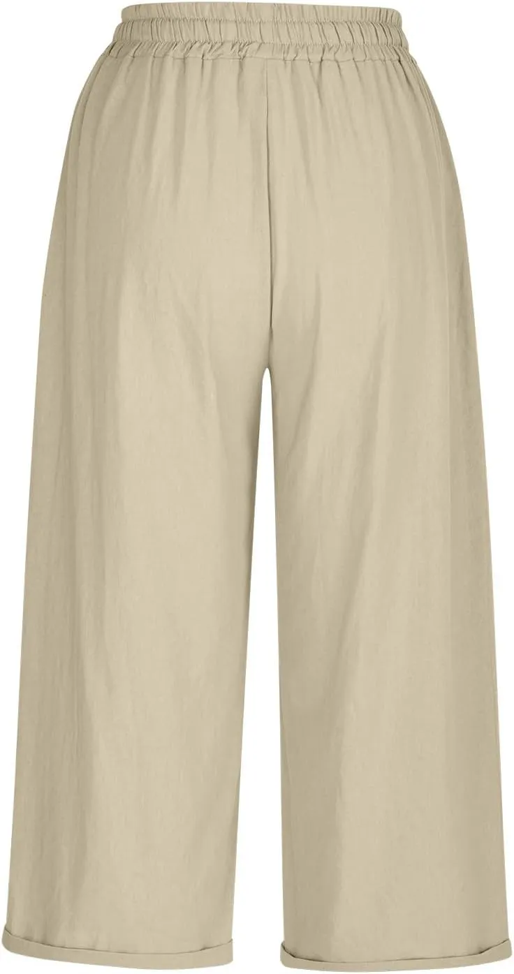 Mzkdieey Cotton Linen Capris Pants for Women Summer Casual Straight Wide Leg Drawstring Elastic Waist Cropped Beach Trousers