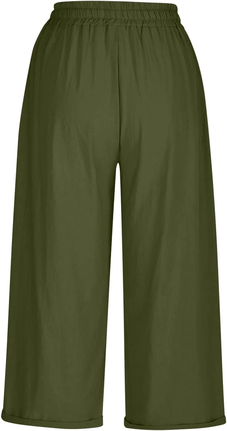 Mzkdieey Cotton Linen Capris Pants for Women Summer Casual Straight Wide Leg Drawstring Elastic Waist Cropped Beach Trousers