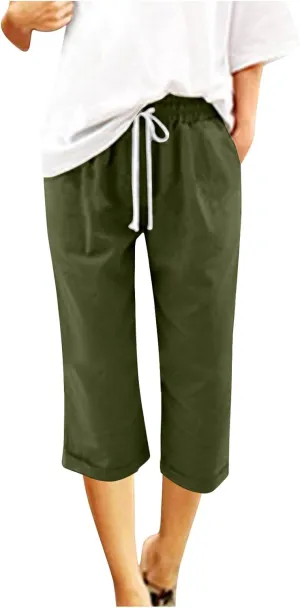 Mzkdieey Cotton Linen Capris Pants for Women Summer Casual Straight Wide Leg Drawstring Elastic Waist Cropped Beach Trousers