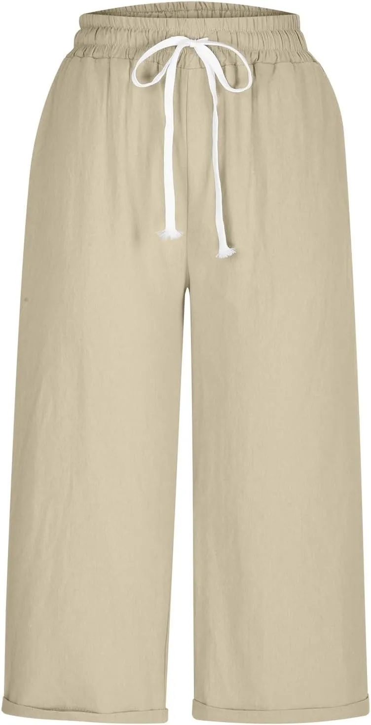 Mzkdieey Cotton Linen Capris Pants for Women Summer Casual Straight Wide Leg Drawstring Elastic Waist Cropped Beach Trousers