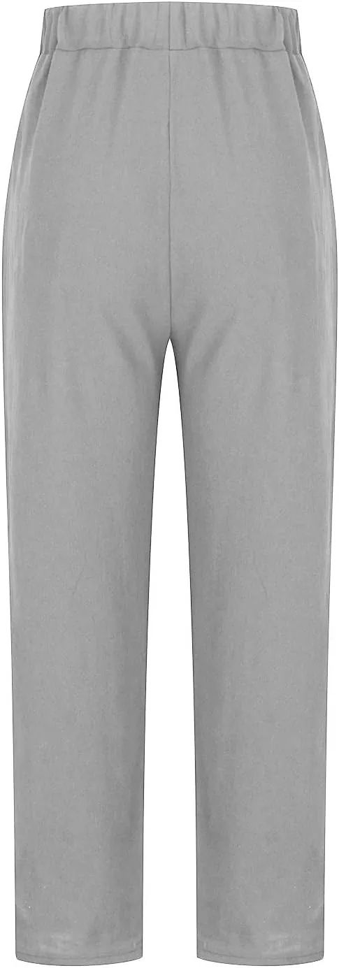 Mzkdieey Womens Casual Cotton Linen Tapered Capri Cargo Pants Summer Loose Elastic Waist Ankle Cropped Trouser with Pockets