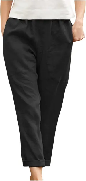 Mzkdieey Womens Casual Cotton Linen Tapered Capri Cargo Pants Summer Loose Elastic Waist Ankle Cropped Trouser with Pockets