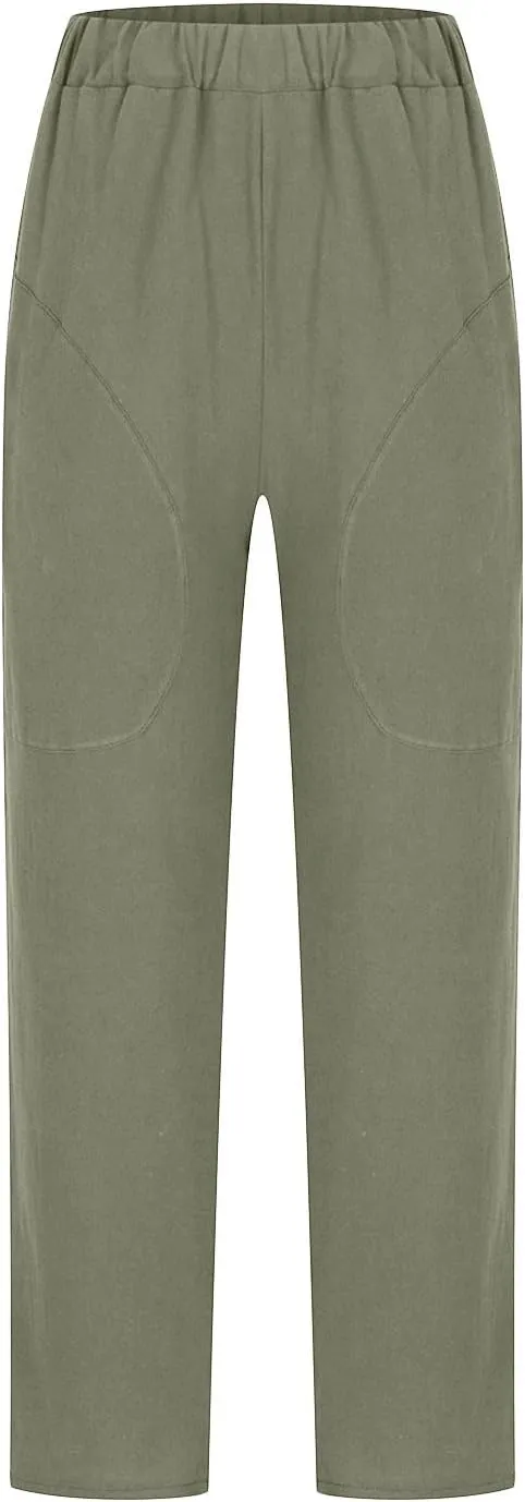 Mzkdieey Womens Casual Cotton Linen Tapered Capri Cargo Pants Summer Loose Elastic Waist Ankle Cropped Trouser with Pockets