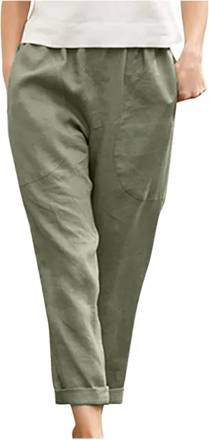 Mzkdieey Womens Casual Cotton Linen Tapered Capri Cargo Pants Summer Loose Elastic Waist Ankle Cropped Trouser with Pockets