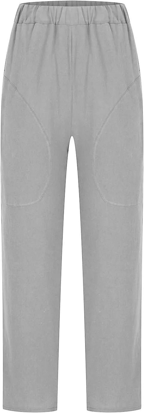 Mzkdieey Womens Casual Cotton Linen Tapered Capri Cargo Pants Summer Loose Elastic Waist Ankle Cropped Trouser with Pockets