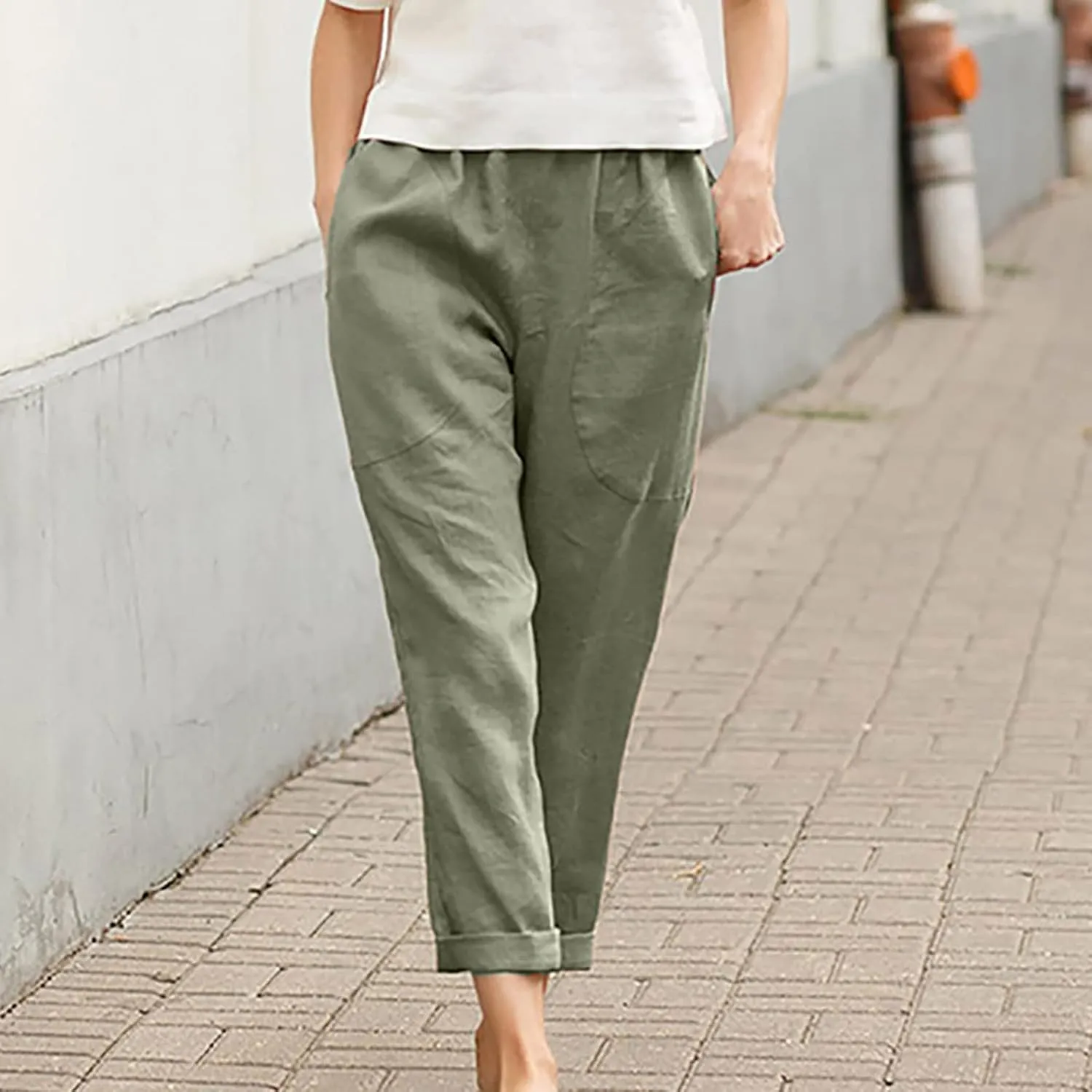 Mzkdieey Womens Casual Cotton Linen Tapered Capri Cargo Pants Summer Loose Elastic Waist Ankle Cropped Trouser with Pockets