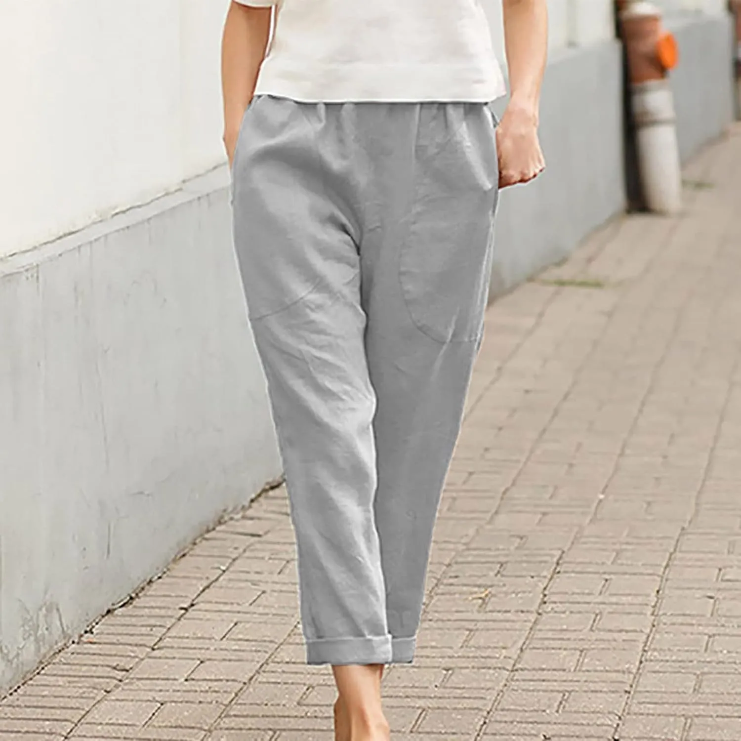 Mzkdieey Womens Casual Cotton Linen Tapered Capri Cargo Pants Summer Loose Elastic Waist Ankle Cropped Trouser with Pockets