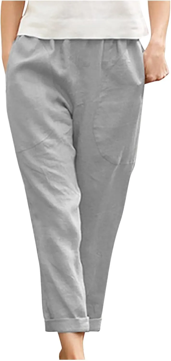 Mzkdieey Womens Casual Cotton Linen Tapered Capri Cargo Pants Summer Loose Elastic Waist Ankle Cropped Trouser with Pockets