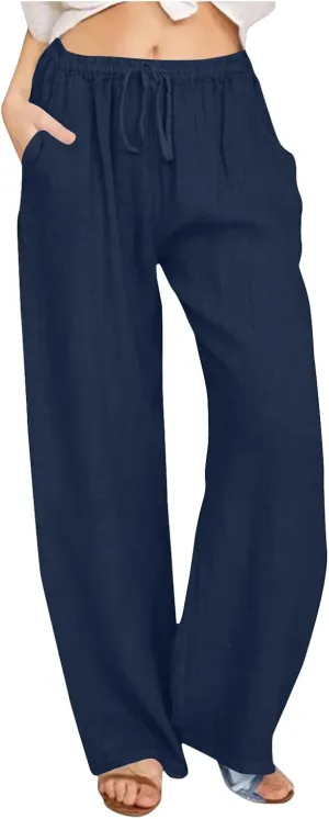 Mzkdieey Women's Summer Drawstring Waist Wide Leg Loose Cotton Linen Palazzo Pants Casual Lounge Yoga Trousers with Pockets