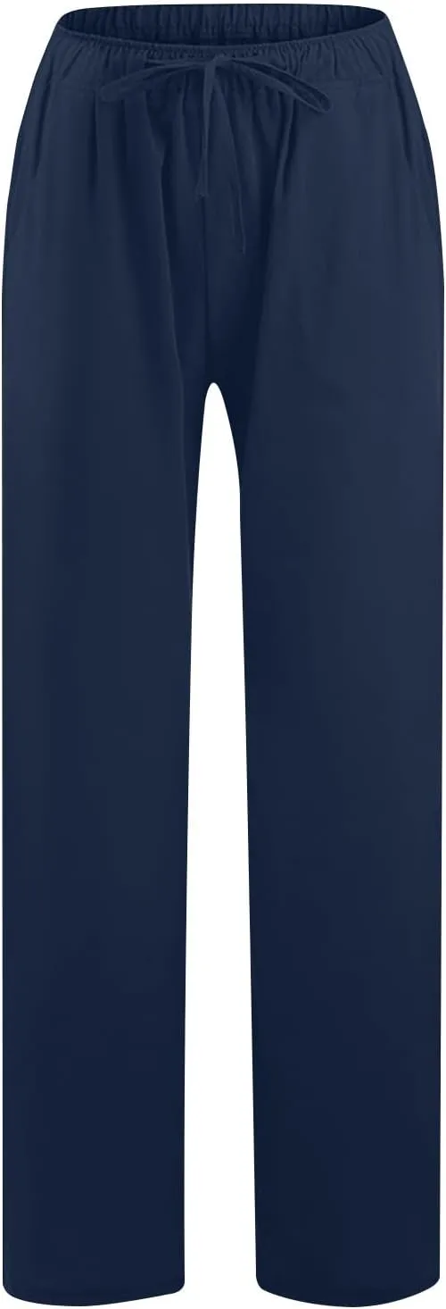 Mzkdieey Women's Summer Drawstring Waist Wide Leg Loose Cotton Linen Palazzo Pants Casual Lounge Yoga Trousers with Pockets