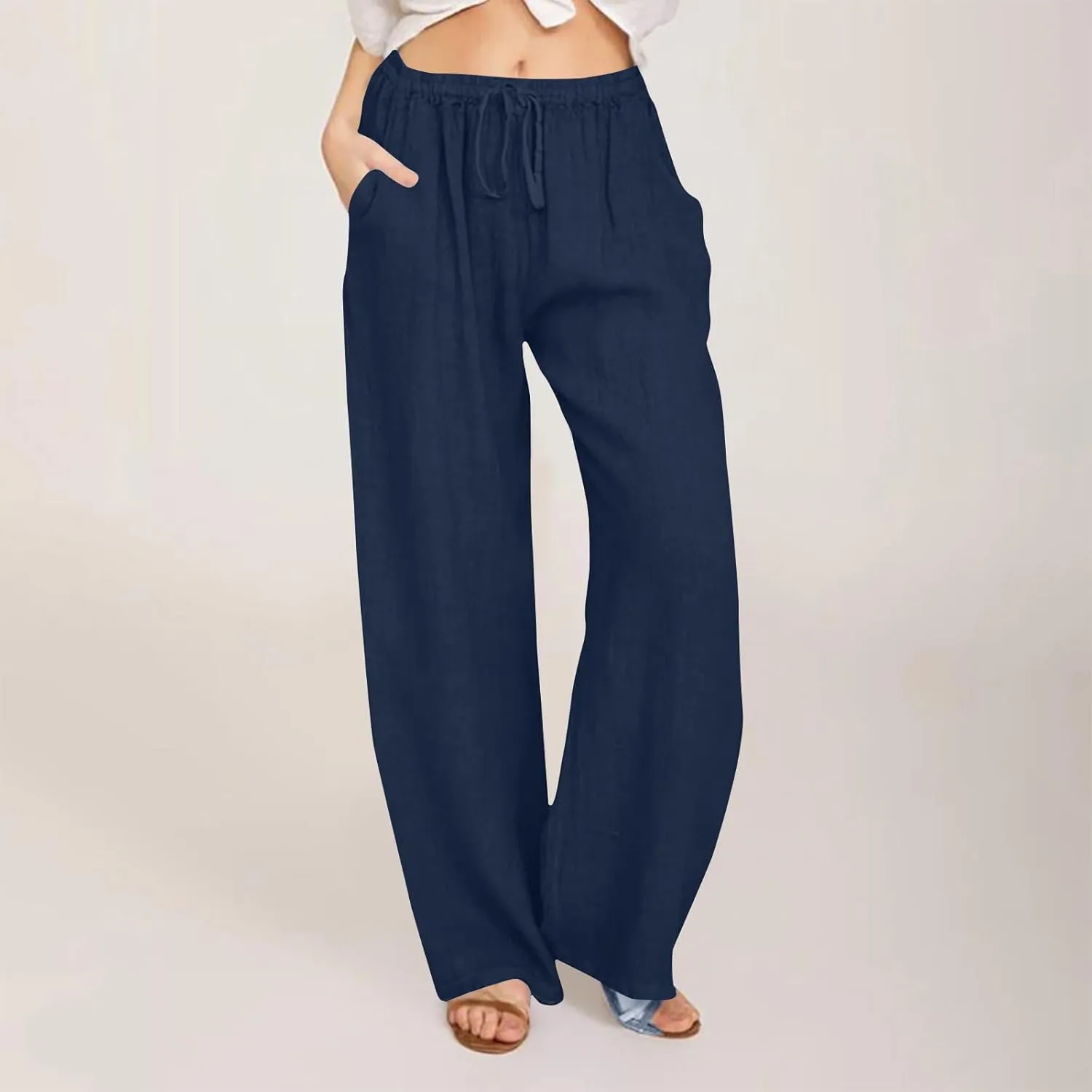 Mzkdieey Women's Summer Drawstring Waist Wide Leg Loose Cotton Linen Palazzo Pants Casual Lounge Yoga Trousers with Pockets
