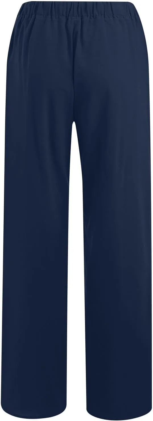 Mzkdieey Women's Summer Drawstring Waist Wide Leg Loose Cotton Linen Palazzo Pants Casual Lounge Yoga Trousers with Pockets