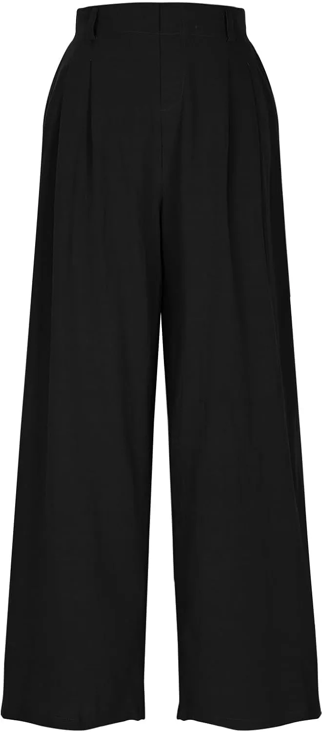 Mzkdieey Women's Summer High Waisted Wide Leg Loose Cotton Linen Palazzo Pants Dressy Casual Solid Trousers with Pockets