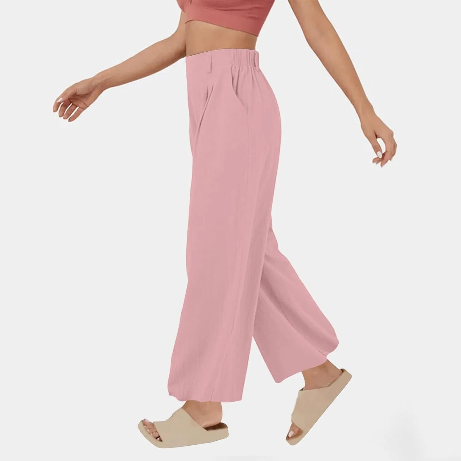Mzkdieey Women's Summer High Waisted Wide Leg Loose Cotton Linen Palazzo Pants Dressy Casual Solid Trousers with Pockets