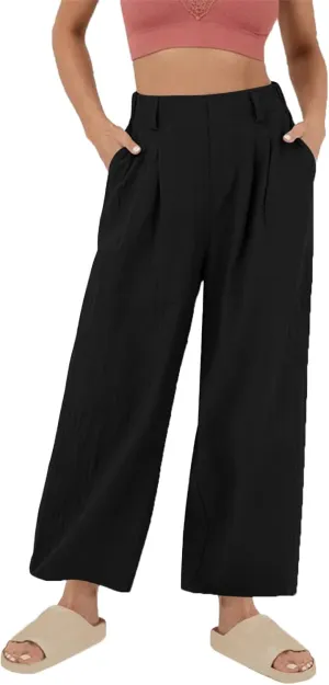 Mzkdieey Women's Summer High Waisted Wide Leg Loose Cotton Linen Palazzo Pants Dressy Casual Solid Trousers with Pockets
