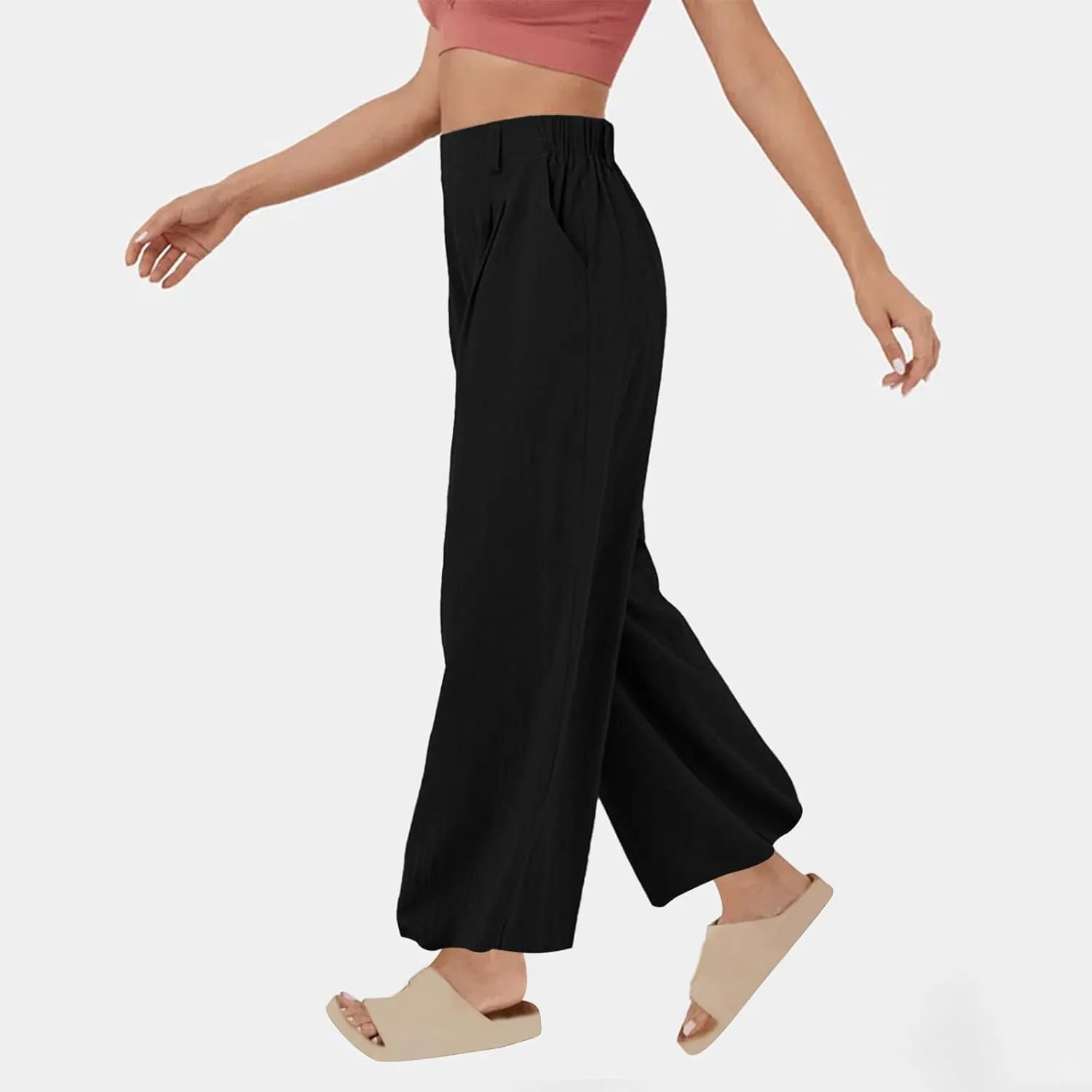 Mzkdieey Women's Summer High Waisted Wide Leg Loose Cotton Linen Palazzo Pants Dressy Casual Solid Trousers with Pockets