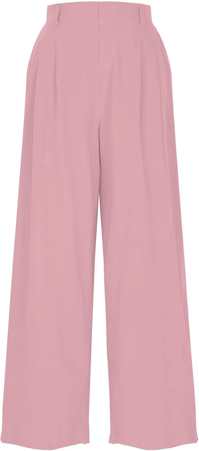 Mzkdieey Women's Summer High Waisted Wide Leg Loose Cotton Linen Palazzo Pants Dressy Casual Solid Trousers with Pockets