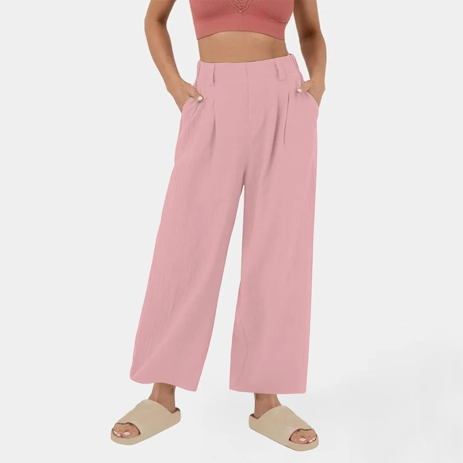 Mzkdieey Women's Summer High Waisted Wide Leg Loose Cotton Linen Palazzo Pants Dressy Casual Solid Trousers with Pockets