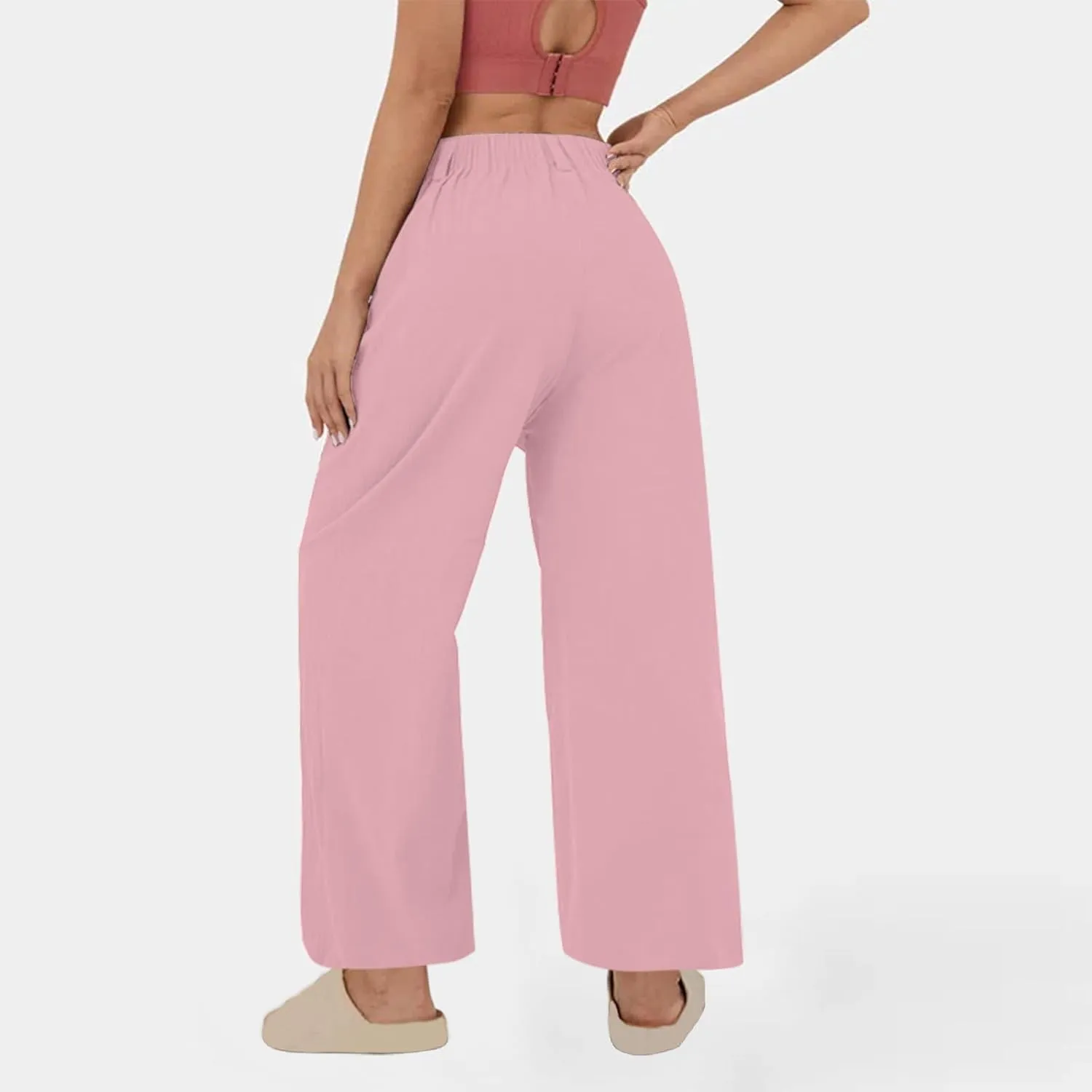 Mzkdieey Women's Summer High Waisted Wide Leg Loose Cotton Linen Palazzo Pants Dressy Casual Solid Trousers with Pockets