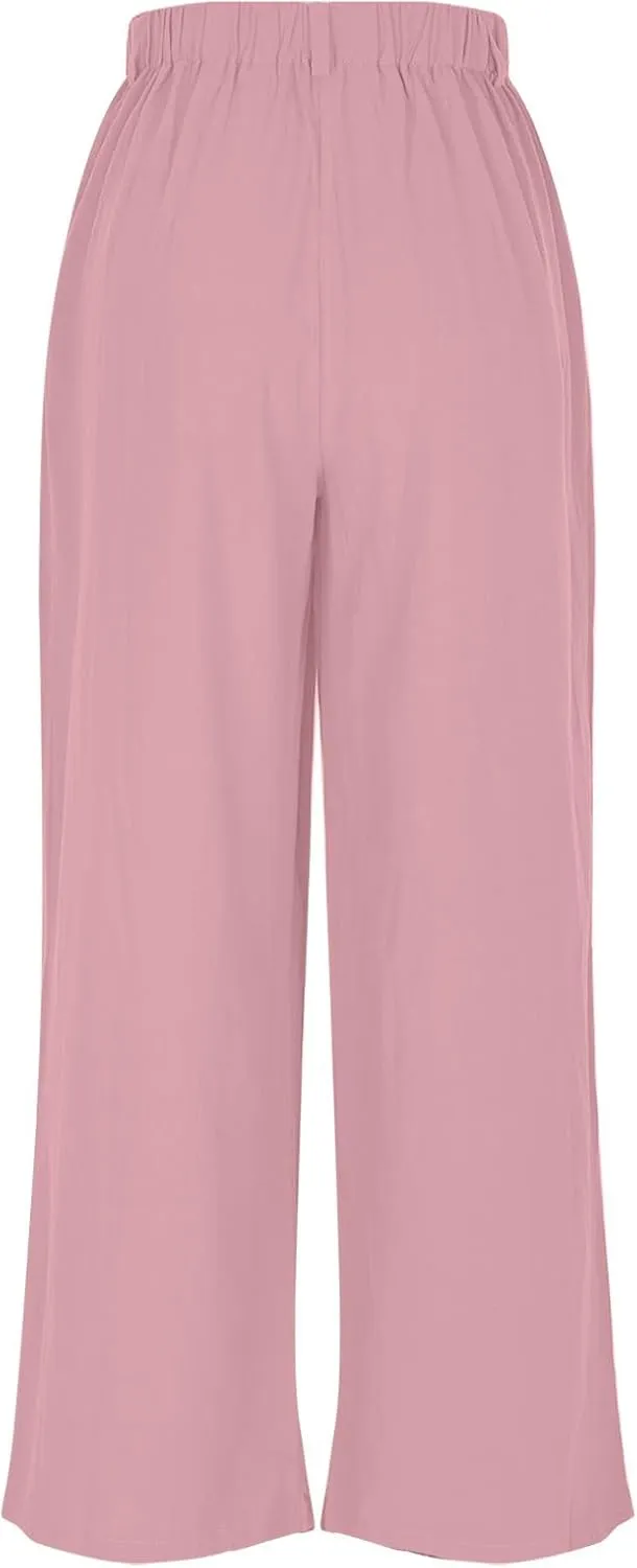 Mzkdieey Women's Summer High Waisted Wide Leg Loose Cotton Linen Palazzo Pants Dressy Casual Solid Trousers with Pockets