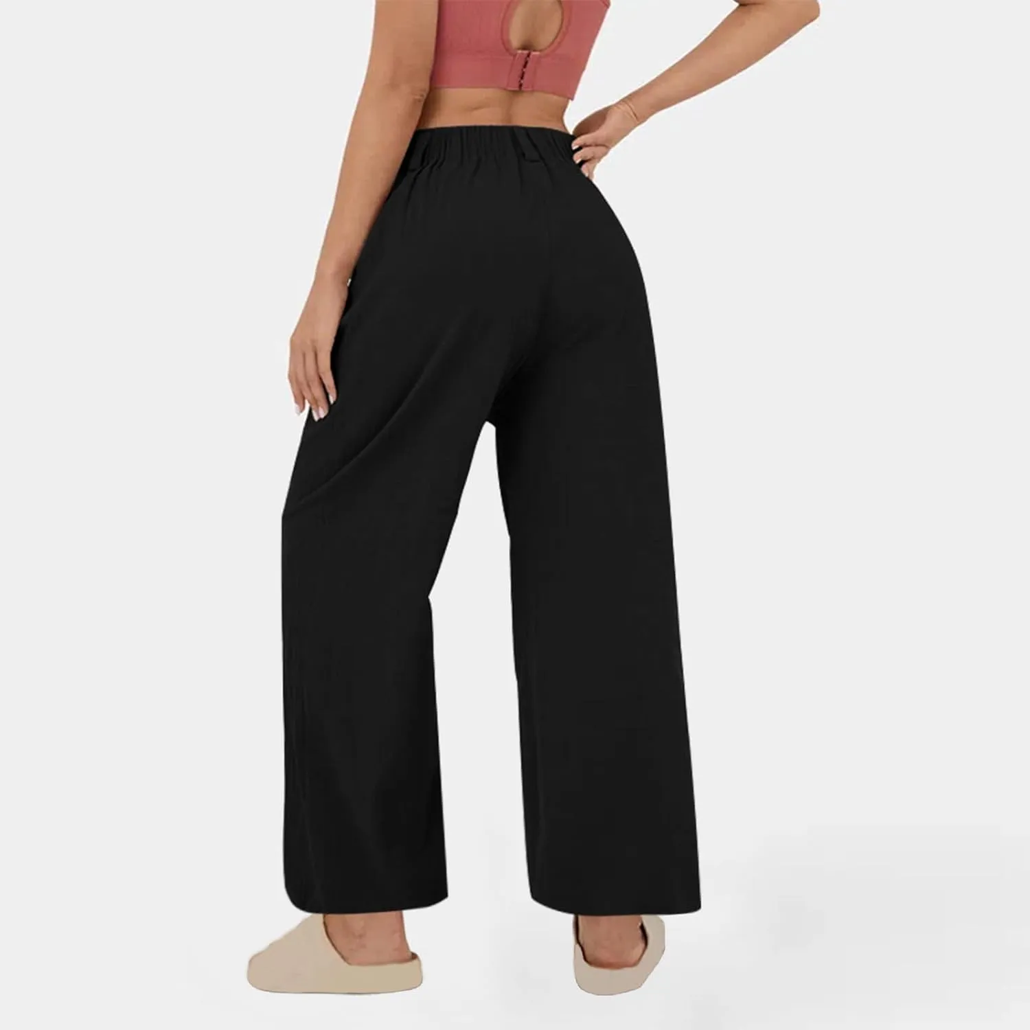 Mzkdieey Women's Summer High Waisted Wide Leg Loose Cotton Linen Palazzo Pants Dressy Casual Solid Trousers with Pockets