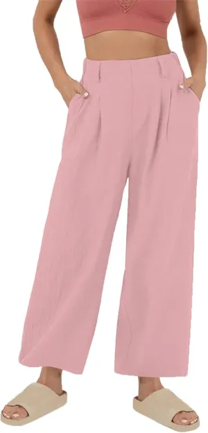 Mzkdieey Women's Summer High Waisted Wide Leg Loose Cotton Linen Palazzo Pants Dressy Casual Solid Trousers with Pockets