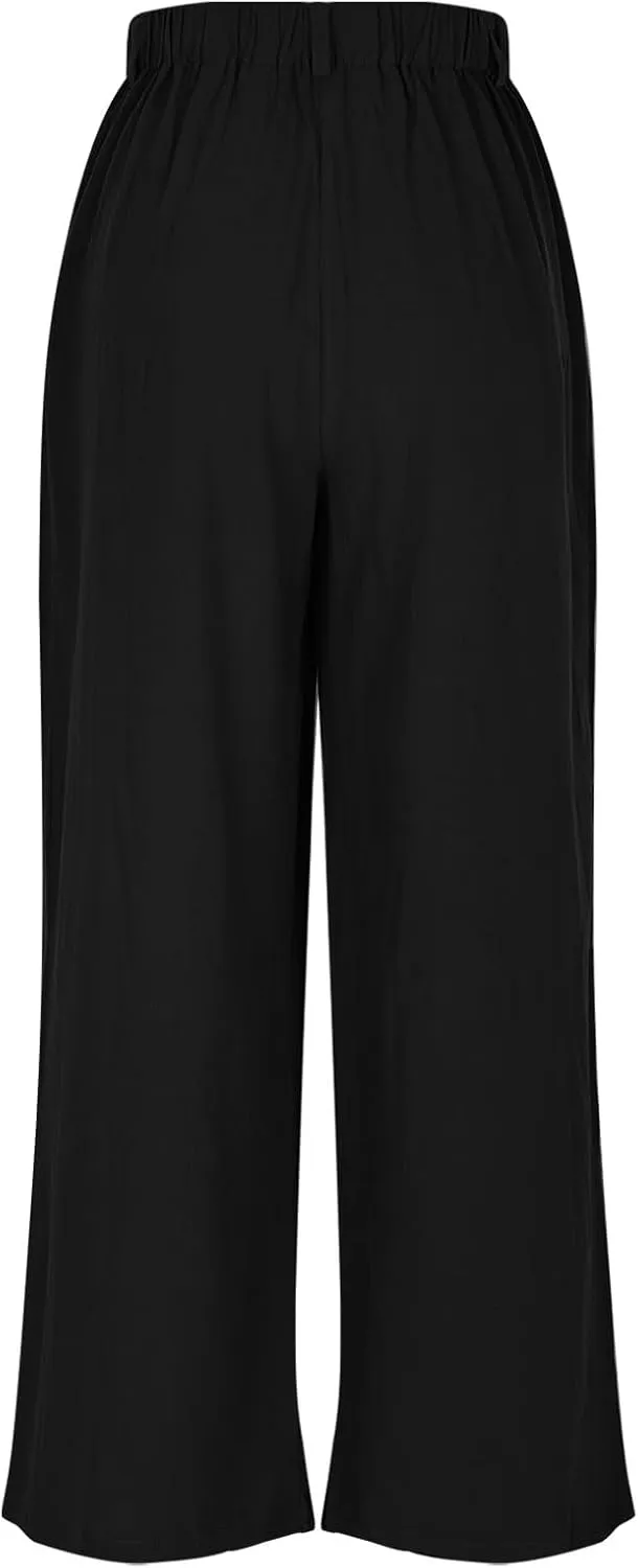 Mzkdieey Women's Summer High Waisted Wide Leg Loose Cotton Linen Palazzo Pants Dressy Casual Solid Trousers with Pockets