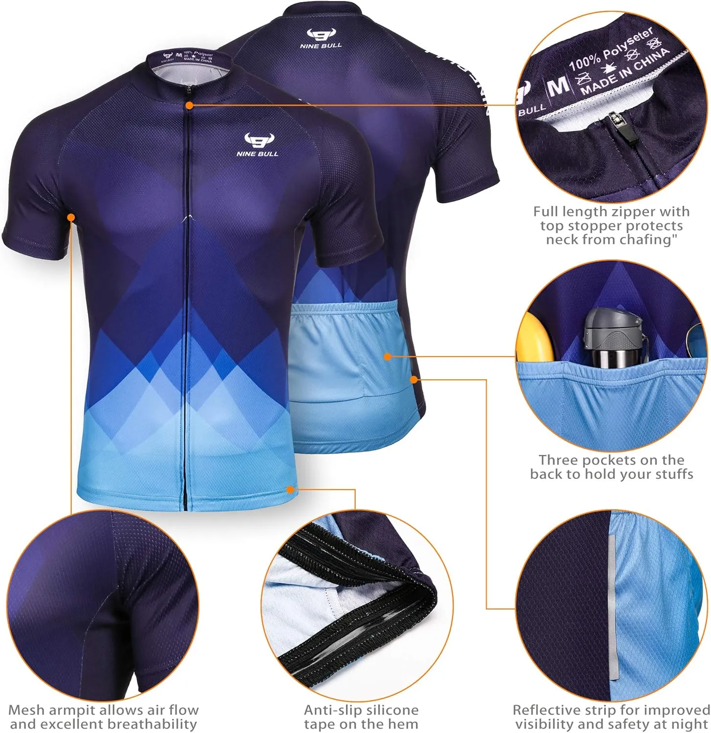 nine bull Men's Cycling Bike Jersey Short Sleeve with 3 Rear Pockets Moisture Wicking, Breathable, Quick Dry Biking Shirt