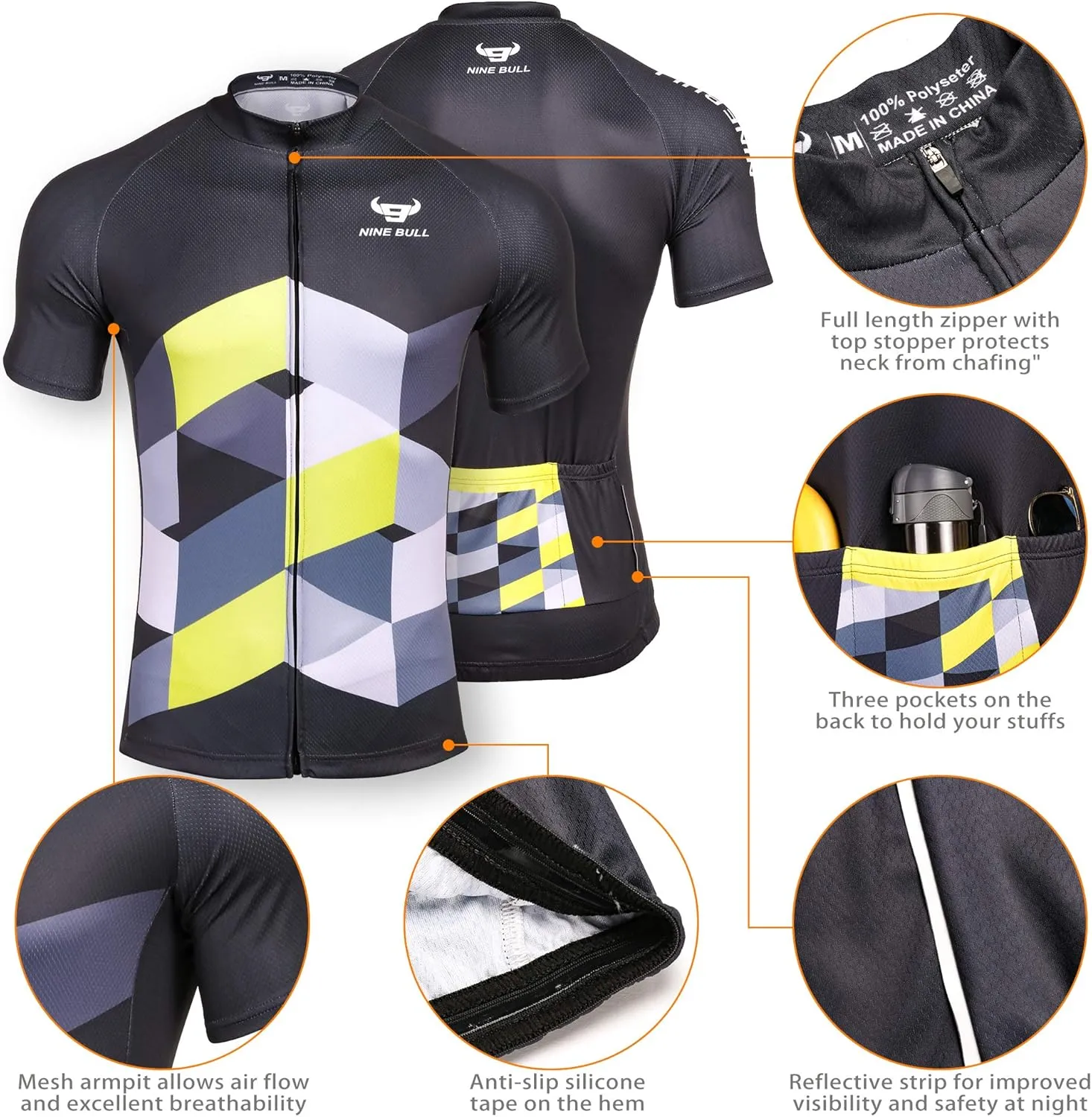 nine bull Men's Cycling Bike Jersey Short Sleeve with 3 Rear Pockets Moisture Wicking, Breathable, Quick Dry Biking Shirt