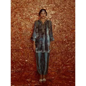 Nirmooha Printed Velvet Embroidered Kurta, Nokia Silk Pants (Set of 2)