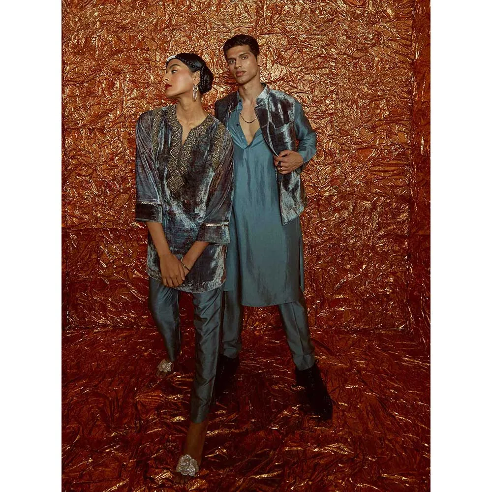 Nirmooha Printed Velvet Embroidered Kurta, Nokia Silk Pants (Set of 2)