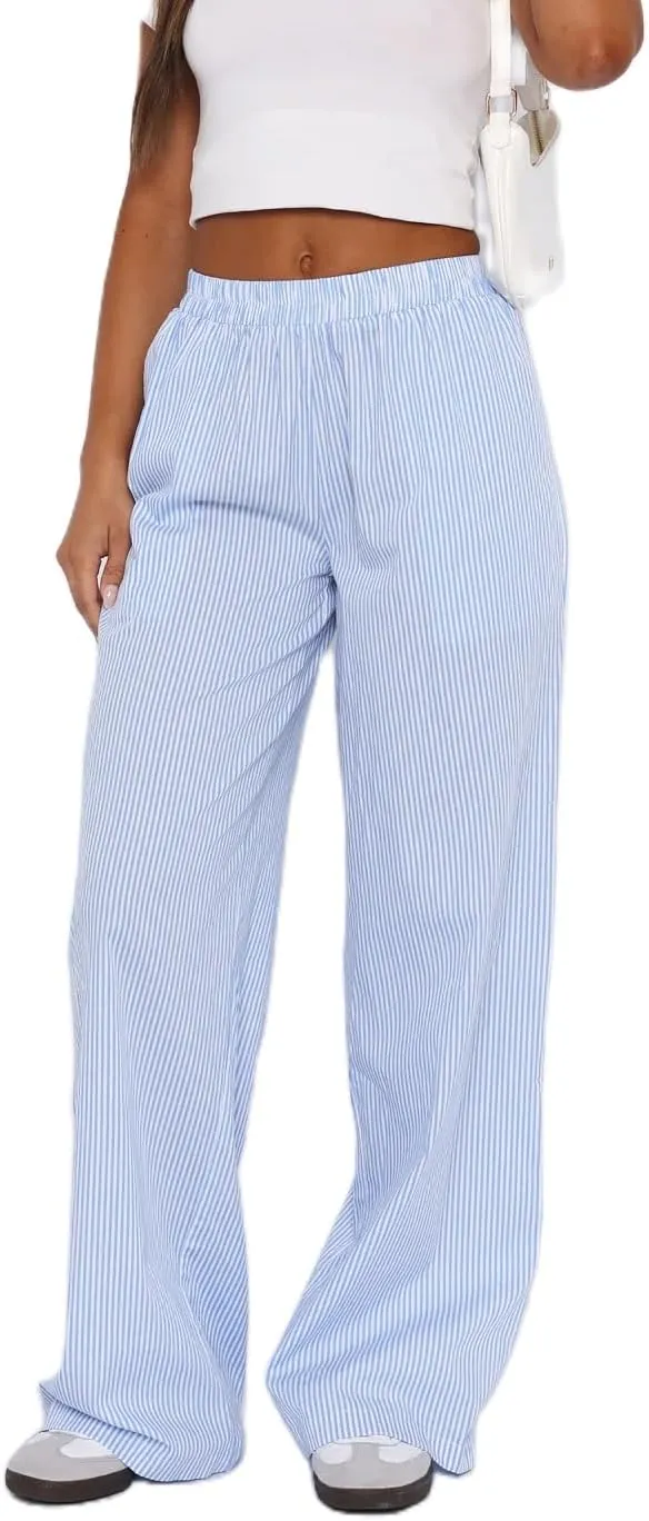 NUFIWI Women Y2k Lounge Pants High Waist Striped Printed Wide Leg Pants Summer Casual Going Out Pants with Pocket