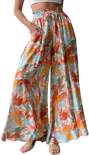 OBEEII Womens High Waist Chiffon Pants Boho Flowy Wide Leg Casual Palazzo Trousers
