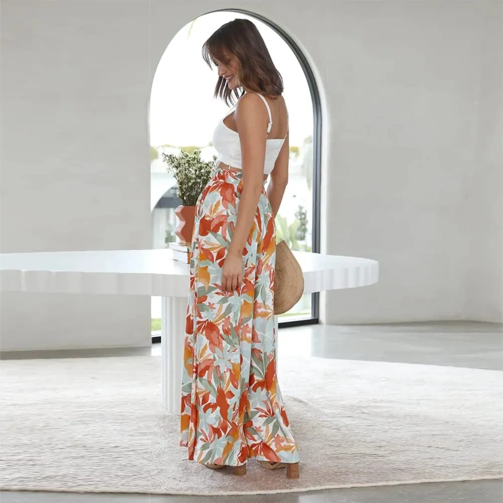 OBEEII Womens High Waist Chiffon Pants Boho Flowy Wide Leg Casual Palazzo Trousers