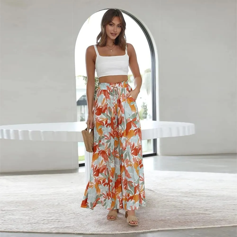 OBEEII Womens High Waist Chiffon Pants Boho Flowy Wide Leg Casual Palazzo Trousers