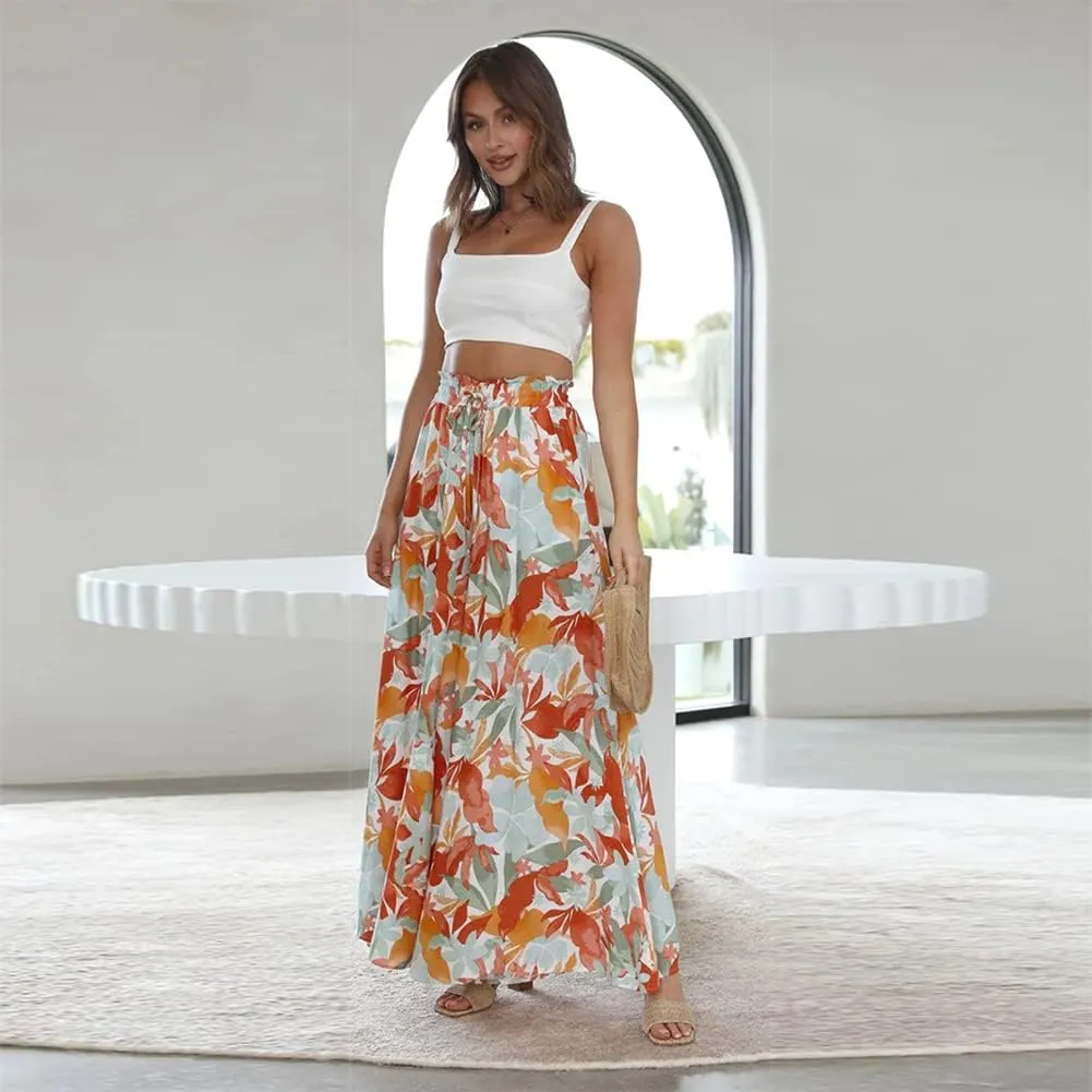 OBEEII Womens High Waist Chiffon Pants Boho Flowy Wide Leg Casual Palazzo Trousers