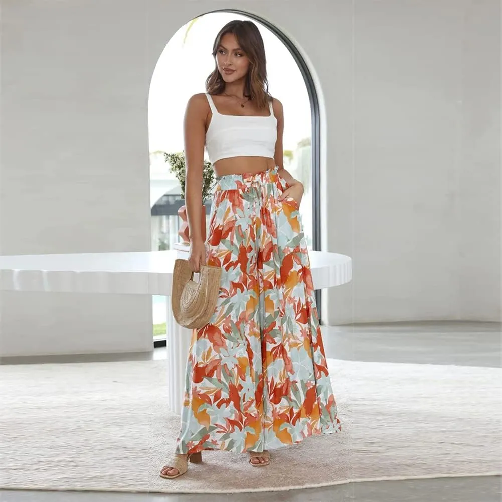 OBEEII Womens High Waist Chiffon Pants Boho Flowy Wide Leg Casual Palazzo Trousers